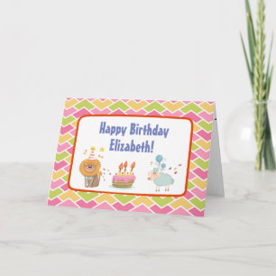 Tarjeta Tarta de cumpleaños con león de fiesta y oveja glo