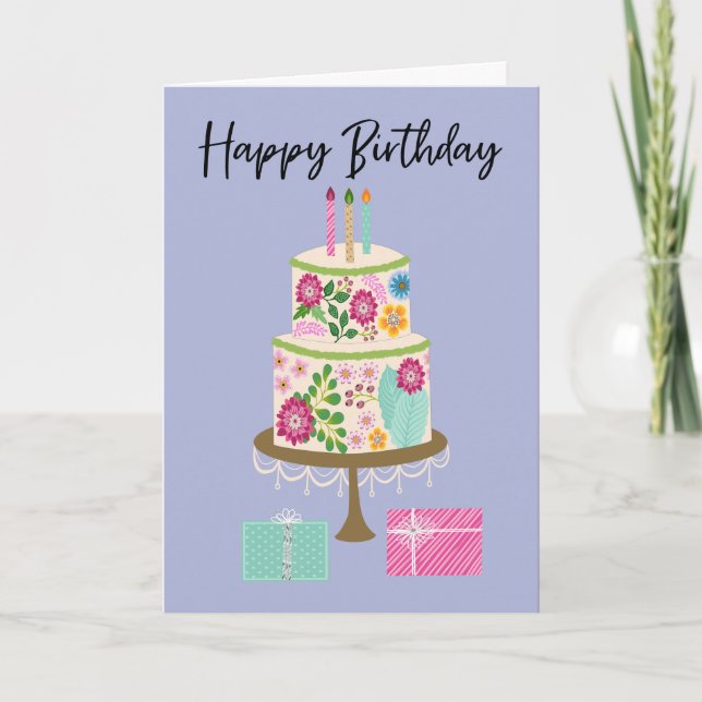 Tarjeta Tarta de Cumpleaños con Regalos (Anverso)