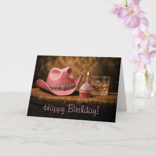Tarjeta Tarta de Cumpleaños con Sombrero de Vaquera Rosa y