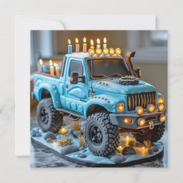 Tarjeta Tarta de cumpleaños de camión azul con luces delan