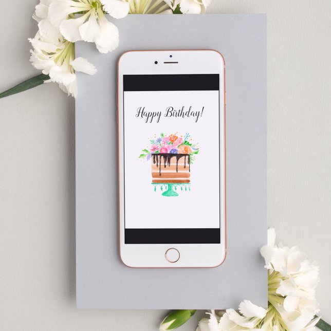 Tarjeta Tarta de cumpleaños de chocolate floral con acuare (A lovely watercolor Birthday cake card for your instant birthday wishes)