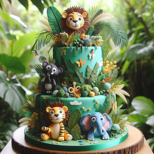 TARJETA TARTA DE CUMPLEAÑOS DE NIÑOS CON TEMA DE JUNGLE AD