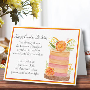Tarjeta Tarta de cumpleaños de octubre con caléndulas