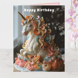 Tarjeta Tarta de cumpleaños de unicornio con cuerno dorado