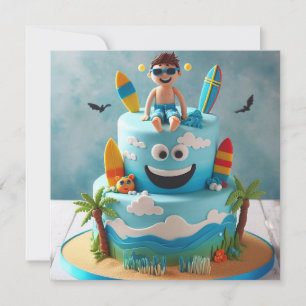 TARJETA TARTA DE CUMPLEAÑOS DIVERSIÓN SURFEANDO