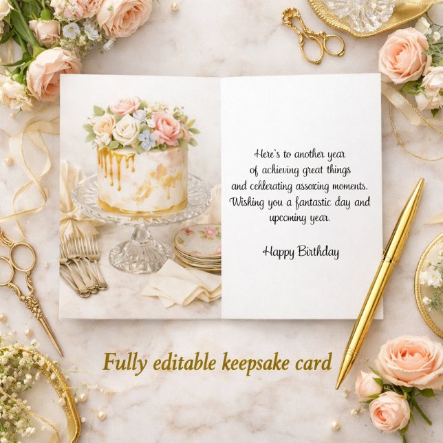 Tarjeta Tarta de Cumpleaños Elegante Acuarela  (Elegant birthday card mockup with blush florals, gold accents, and bold keepsake text for editorial )