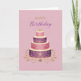 Tarjeta Tarta de cumpleaños elegante rosa, púrpura y dorad