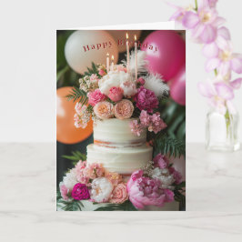 Tarjeta Tarta de cumpleaños feliz Rosas Peonías rosadas Pl