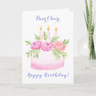 Tarjeta Tarta de cumpleaños floral de acuarela pintada a m