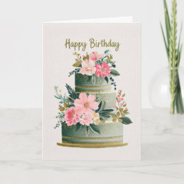 Tarjeta Tarta de cumpleaños floral elegante en oro, rosa y