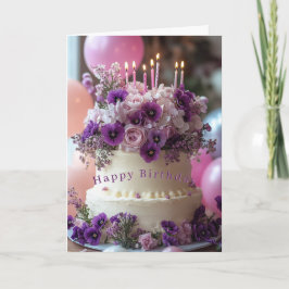 Tarjeta Tarta de Cumpleaños Hortensias y Pensamientos Mora