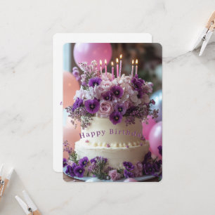 Tarjeta Tarta de Cumpleaños Hortensias y Pensamientos Mora