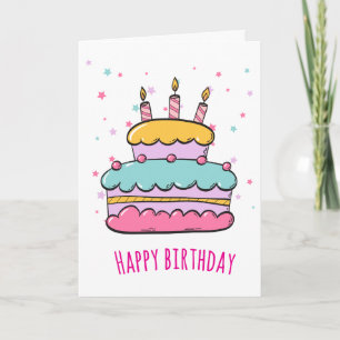 Tarjeta Tarta de Cumpleaños Kawaii con Estrellas Pastel Li