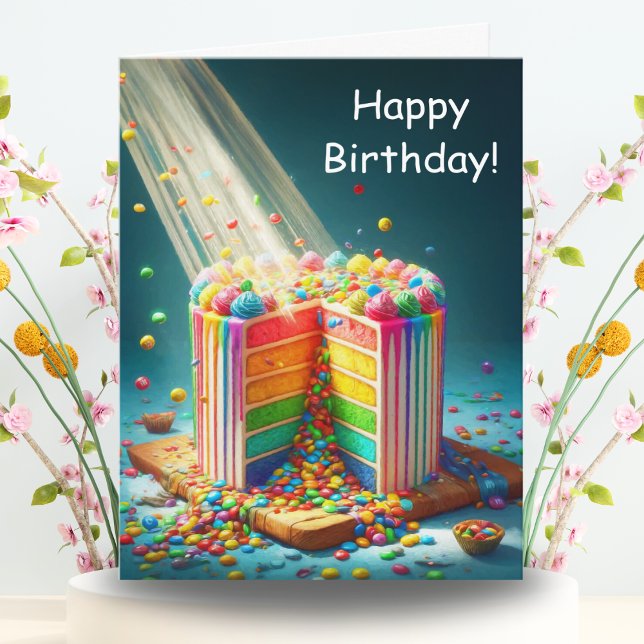 Tarjeta Tarta de Cumpleaños Sorpresa Arcoíris (Vibrant hues cascade on this birthday card, a sweet surprise awaits inside.)
