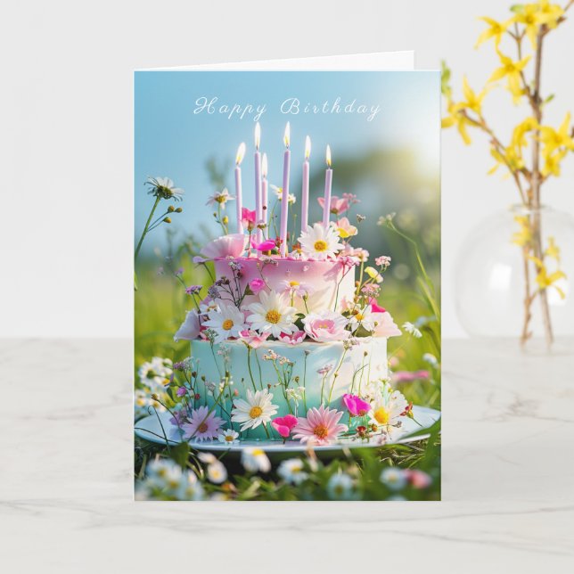 Tarjeta Tarta de cumpleaños velas rosadas flores de primav (flor amarilla)