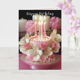 Tarjeta Tarta de Cumpleaños Velas Rosadas Flores Hermosas
