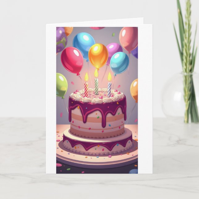 Tarjeta Tarta de cumpleaños y globos  (Anverso)