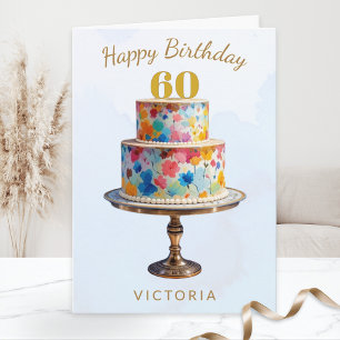 Tarjeta Tarta floral elegante de acuarela Cumpleaños 60