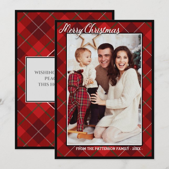 Tarjeta Tartán moderno elegante | Fotos navideñas de Feliz (Anverso / Reverso)