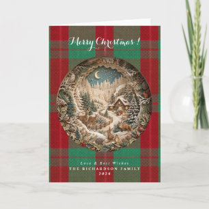 Tarjeta Tartan verde y rojo de cuadros Navidad en papercut