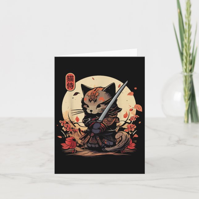 Tarjeta Tatuaje de gato samurai japonés, gato Kawaii Ninja (Anverso)