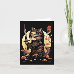 Tarjeta Tatuaje de gato samurai japonés, gato Kawaii Ninja