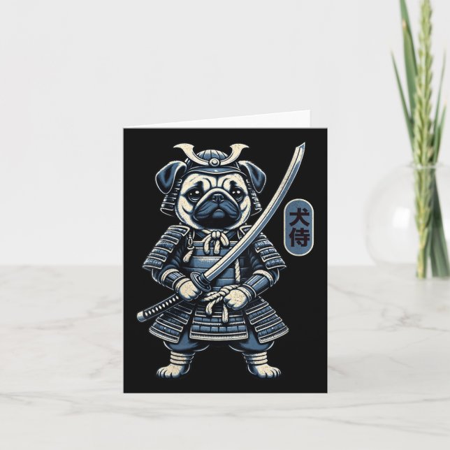 Tarjeta Tatuaje de perro samurai japonés, perro pug Kawaii (Anverso)