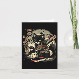 Tarjeta Tatuaje gato samurai japonés, vintage Kawaii Ninja