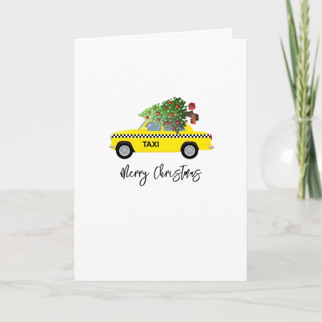 Tarjeta Taxi Amarillo Cab Feliz Árbol de Navidad Año Nuevo (Anverso)