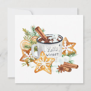 Tarjeta Taza de chocolate caliente de invierno con galleta