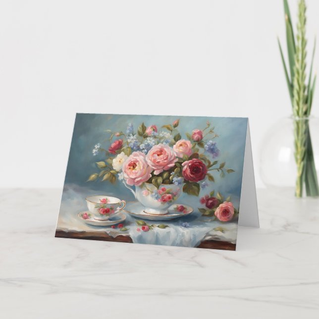 Tarjeta Taza de té con hermosas flores  (Anverso)