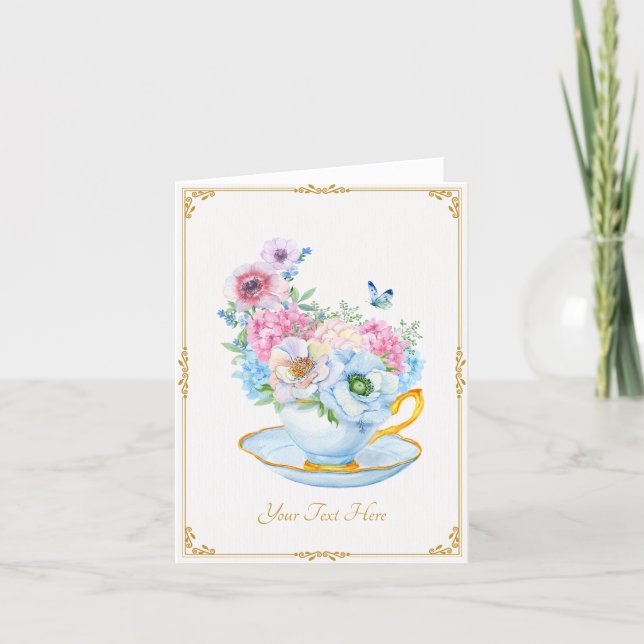 Tarjeta Taza de té de flores mariposa  (Anverso)