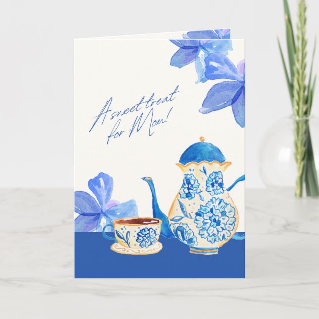 Tarjeta Taza de té floral acuarela azul (Anverso)