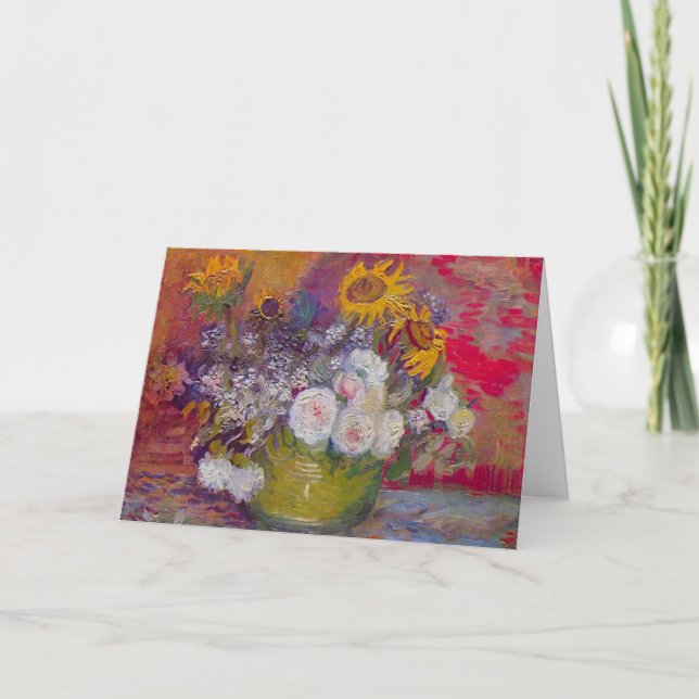 Tarjeta Tazón con girasoles y Rosas por Vincent van Gogh (Anverso)