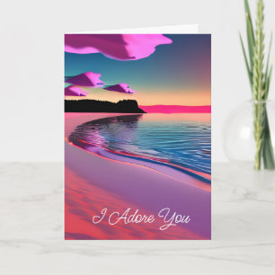Tarjeta Te Adoro   Olas del Océano, Arena Rosa y Atardecer