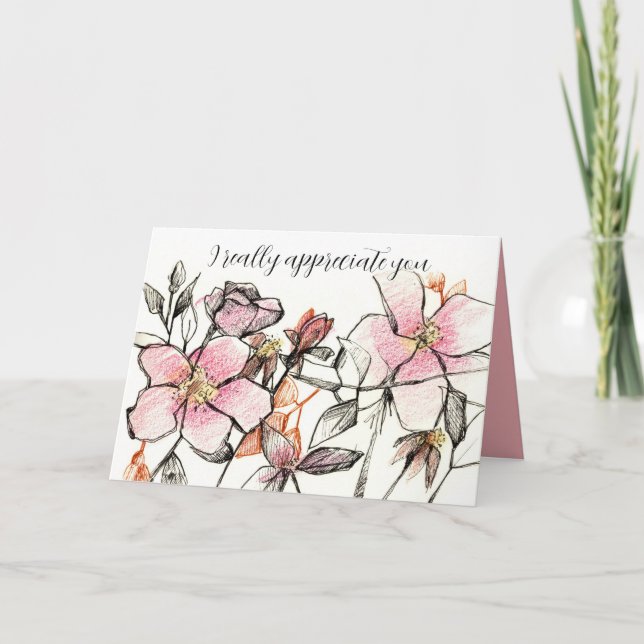 Tarjeta Te Agradezco Bendición De Dios Flores Rosadas (Anverso)