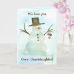 Tarjeta Te Ama Gran Nieta Feliz Navidad<br><div class="desc">Una tarjeta de saludo de vacaciones para una bisnieta u otro niño para desearles Feliz Navidad y enviarles el amor presentando a un muñeco de nieve dulce con adornos de corazón colgando en sus brazos ramificados y lleva un sombrero top marrón de café ilustrado con acuarela. En el interior hay...</div>