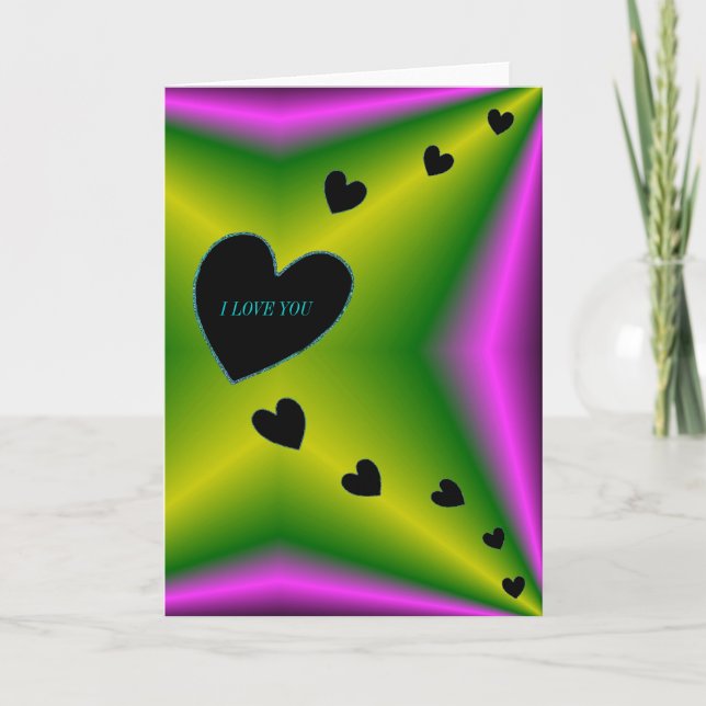 Tarjeta TE AMO - Corazón negro sobre arcoiris verde púrpur (Anverso)