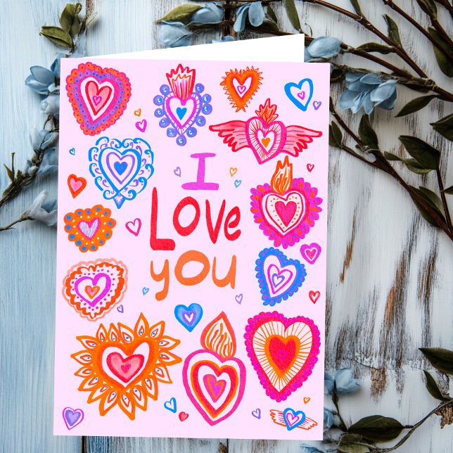 Tarjeta TE AMO Feliz Corazón Brillante de San Valentín (I LOVE YOU Happy Valentine Bright Whimsical Hearts Card
)