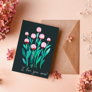 Tarjeta Te amo mamá con unas flores de color rosa mínimo