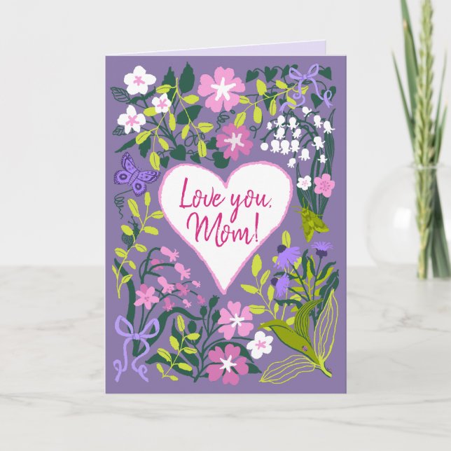 Tarjeta Te amo Mamá corazón botánico lindo (Anverso)