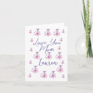Tarjeta te amo mamá flores malva púrpura nombre simple
