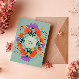 Tarjeta Te amo, mamá morada y naranja floral