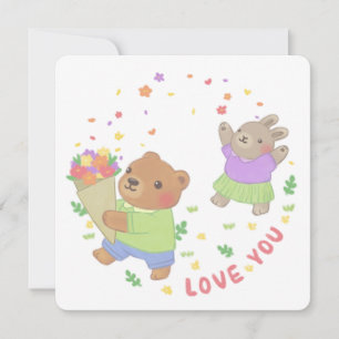 Tarjeta Te amo: Oso de Teddy y conejo con flores