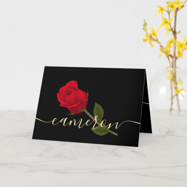 Tarjeta te amo Rosa Roja Sobre Negro Y Oro Monogramado (flor amarilla)
