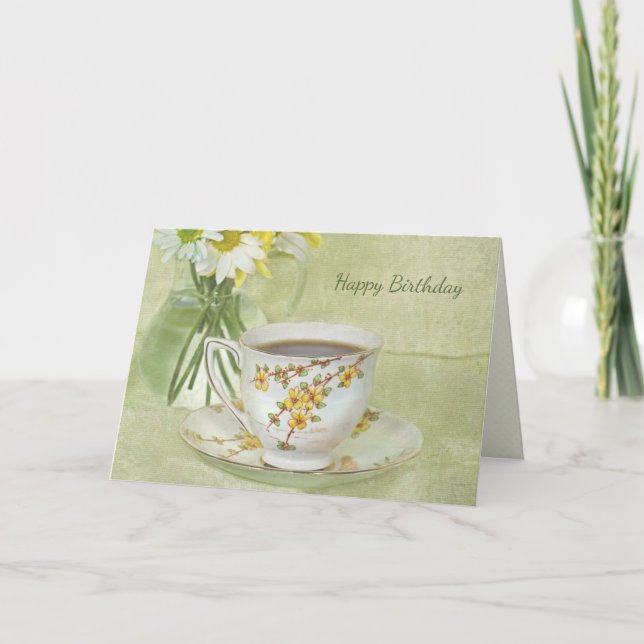 Tarjeta té antiguo de cumpleaños con ramo de margarita (Anverso)