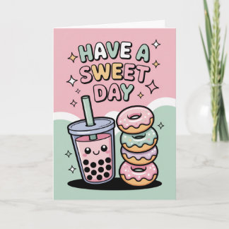 Tarjeta Té de burbujas pastel Kawaii y donas Cumpleaños du