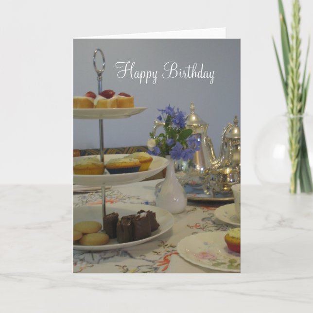 Tarjeta té de cumpleaños elegante y bizcocho (Anverso)