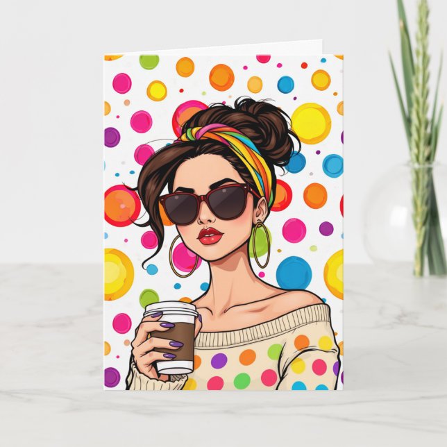 Tarjeta ¡Te deseamos un día espumoso! Mujeres con café (Anverso)