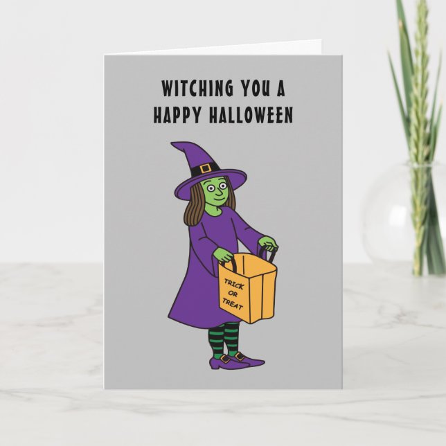 Tarjeta Te Deseo Un Feliz Halloween Bruja Diciendo un jueg (Anverso)